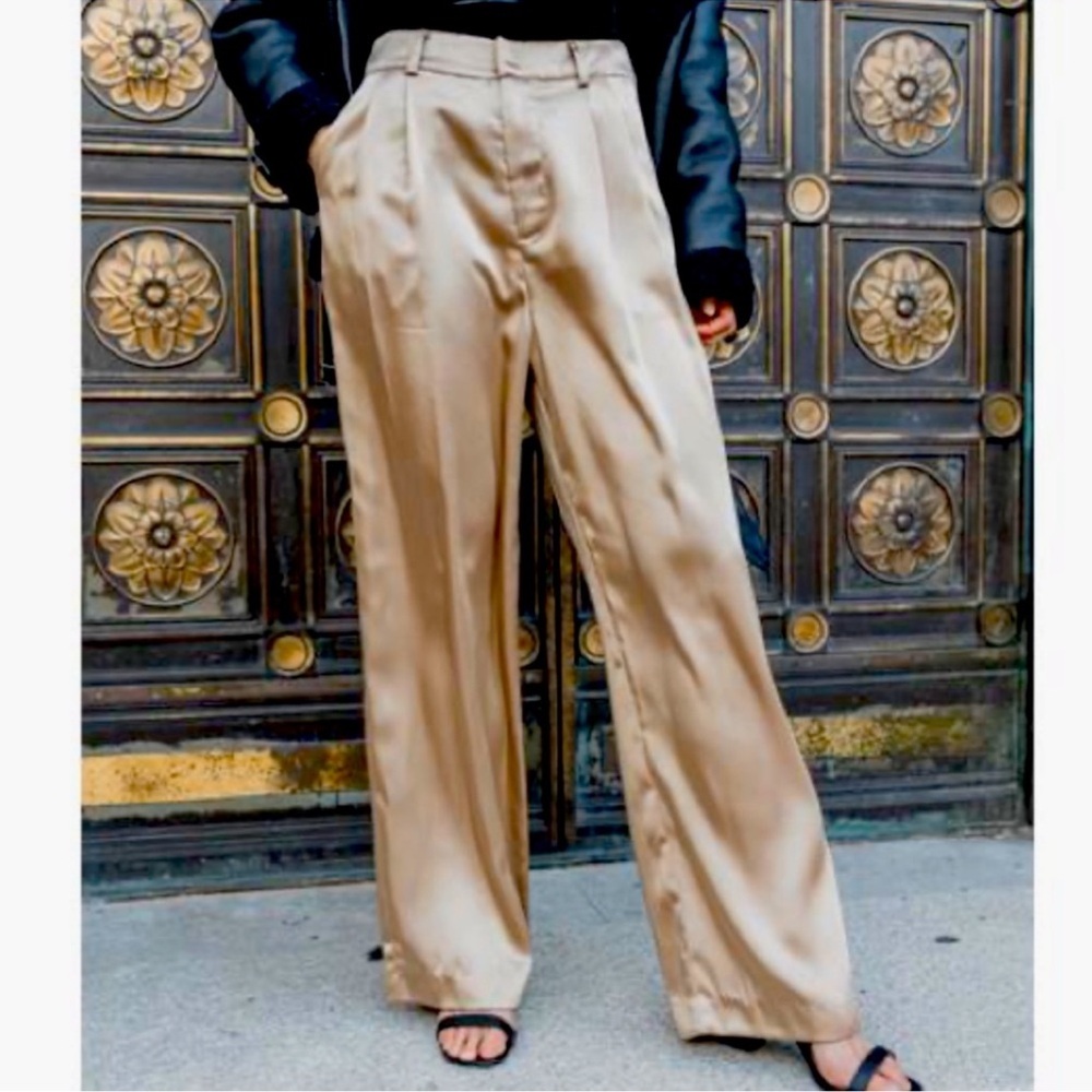 Abbeline Champagne Wide Leg Pants High Waisted Satin